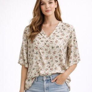 VINTAGE KRIS DEE 80s SILK SATIN MICRO FLORAL BLOUSE  CREAM S HAWAII PREPPY MICRO